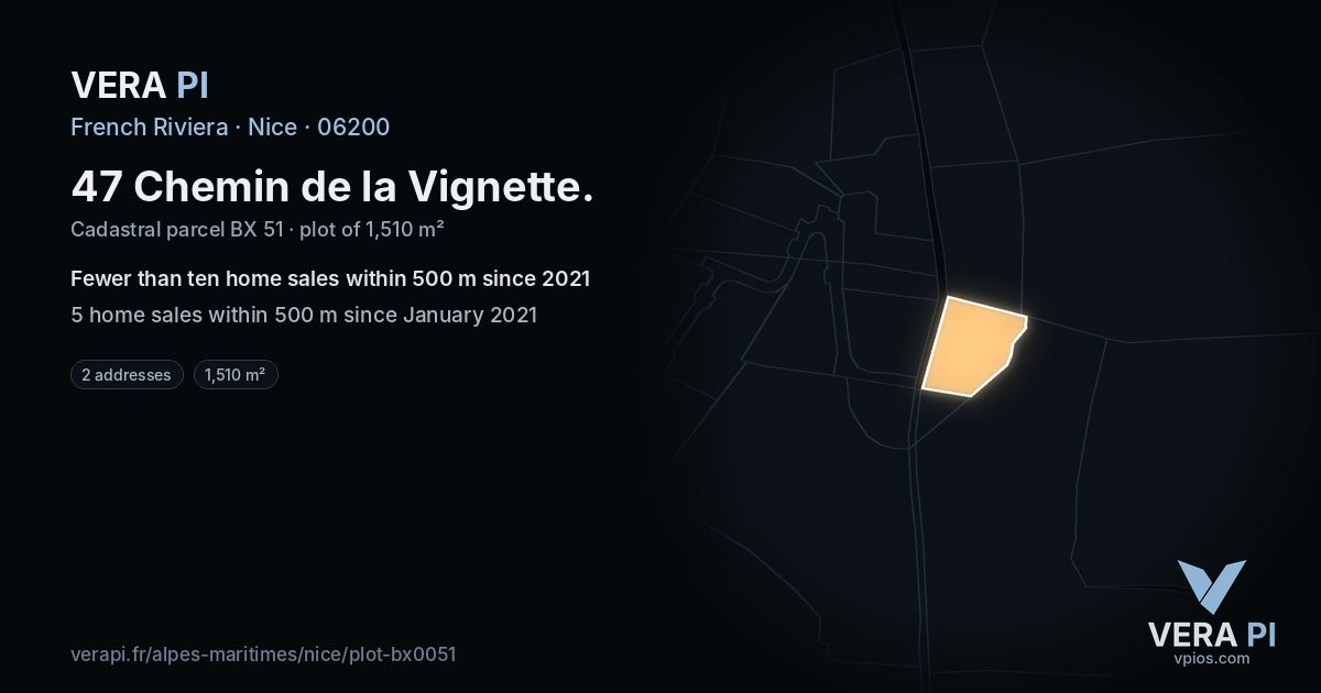 47 Chemin de la Vignette, Nice at night – the plot lit, the parcels around coloured by the prices near them