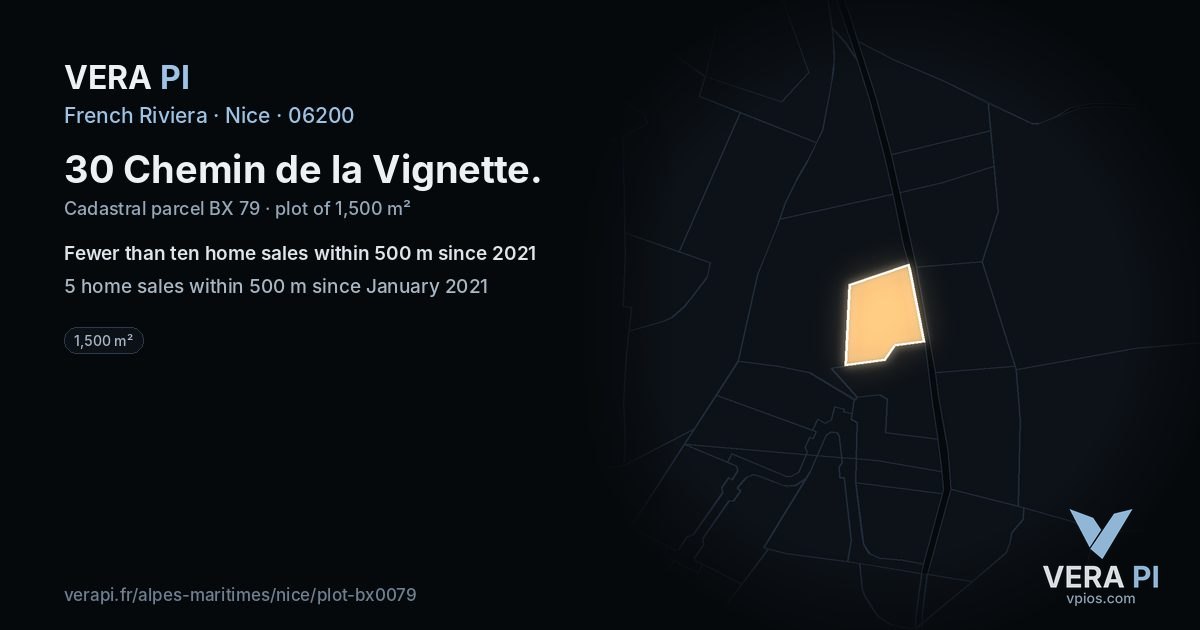 30 Chemin de la Vignette, Nice at night – the plot lit, the parcels around coloured by the prices near them