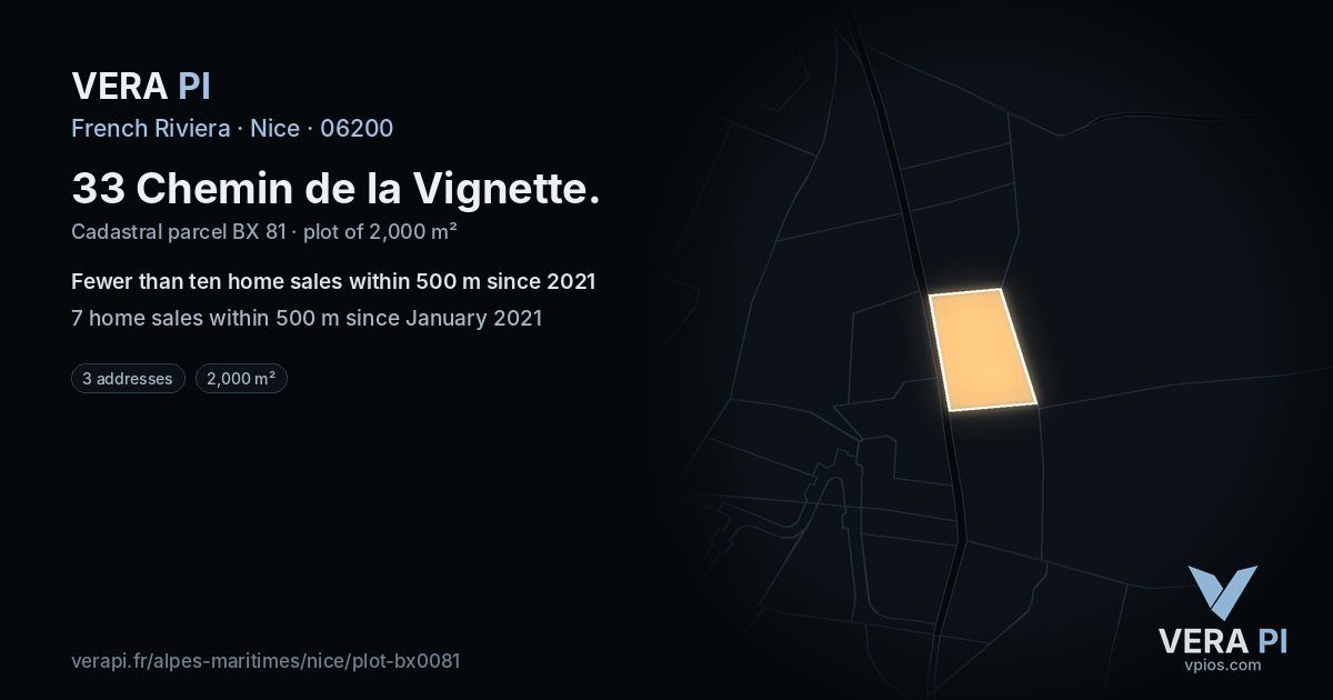33 Chemin de la Vignette, Nice at night – the plot lit, the parcels around coloured by the prices near them