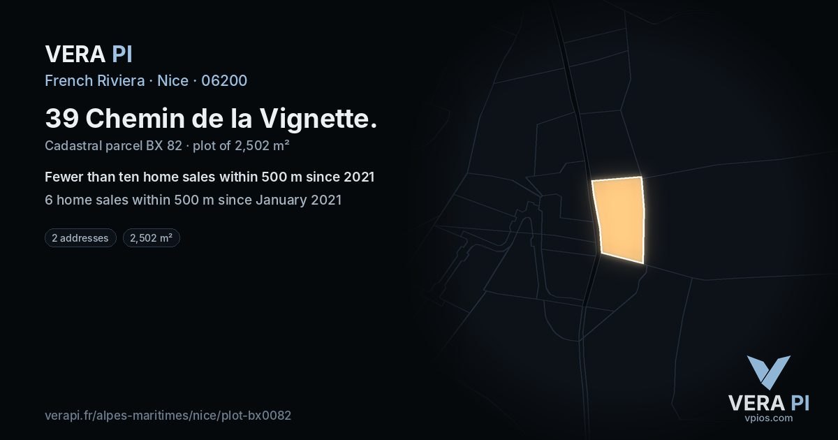 39 Chemin de la Vignette, Nice at night – the plot lit, the parcels around coloured by the prices near them