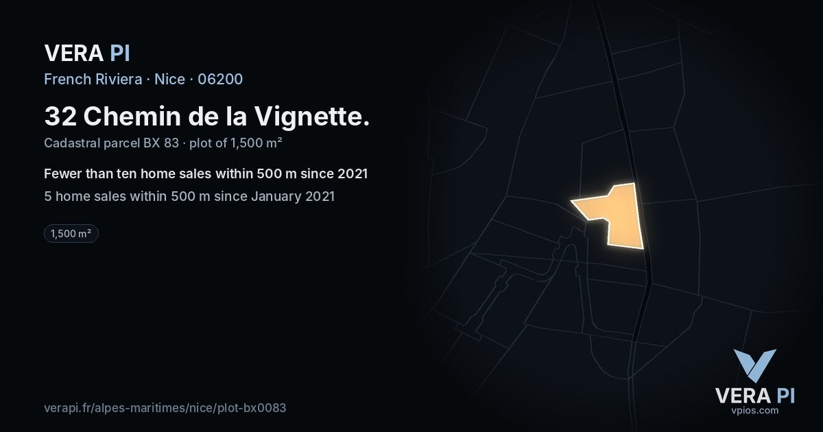 32 Chemin de la Vignette, Nice at night – the plot lit, the parcels around coloured by the prices near them