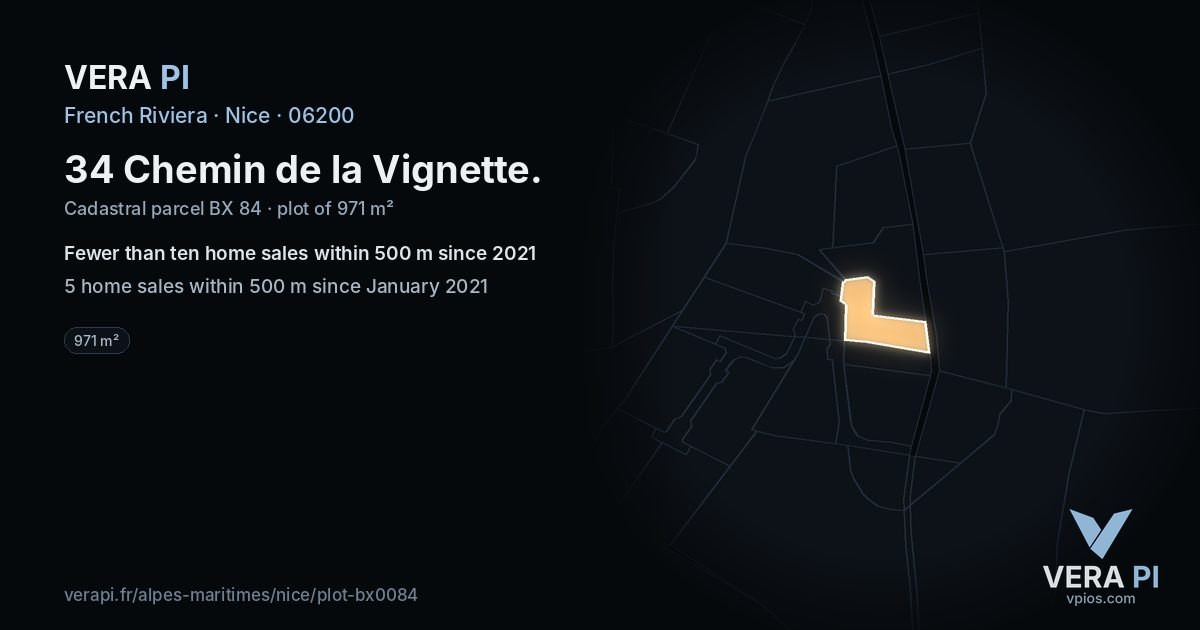 34 Chemin de la Vignette, Nice at night – the plot lit, the parcels around coloured by the prices near them