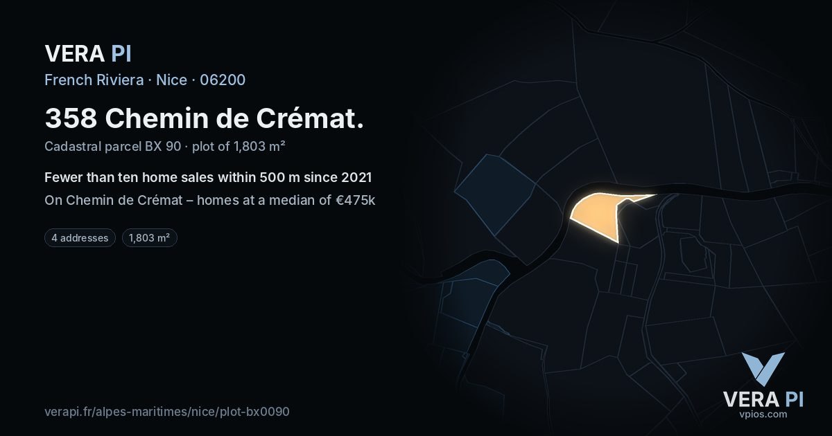 358 Chemin de Crémat, Nice at night – the plot lit, the parcels around coloured by the prices near them