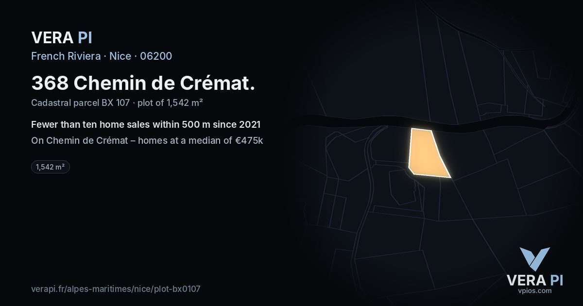 368 Chemin de Crémat, Nice at night – the plot lit, the parcels around coloured by the prices near them