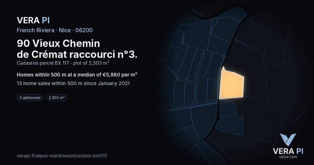 90 Vieux Chemin de Crémat raccourci n°3, Nice at night – the plot lit, the parcels around coloured by the prices near them