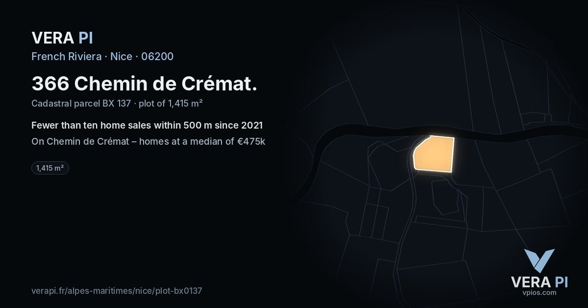 366 Chemin de Crémat, Nice at night – the plot lit, the parcels around coloured by the prices near them