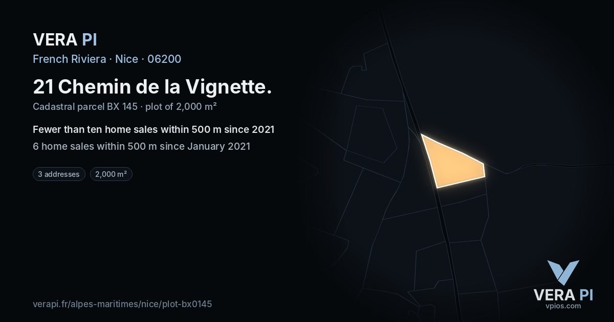 21 Chemin de la Vignette, Nice at night – the plot lit, the parcels around coloured by the prices near them