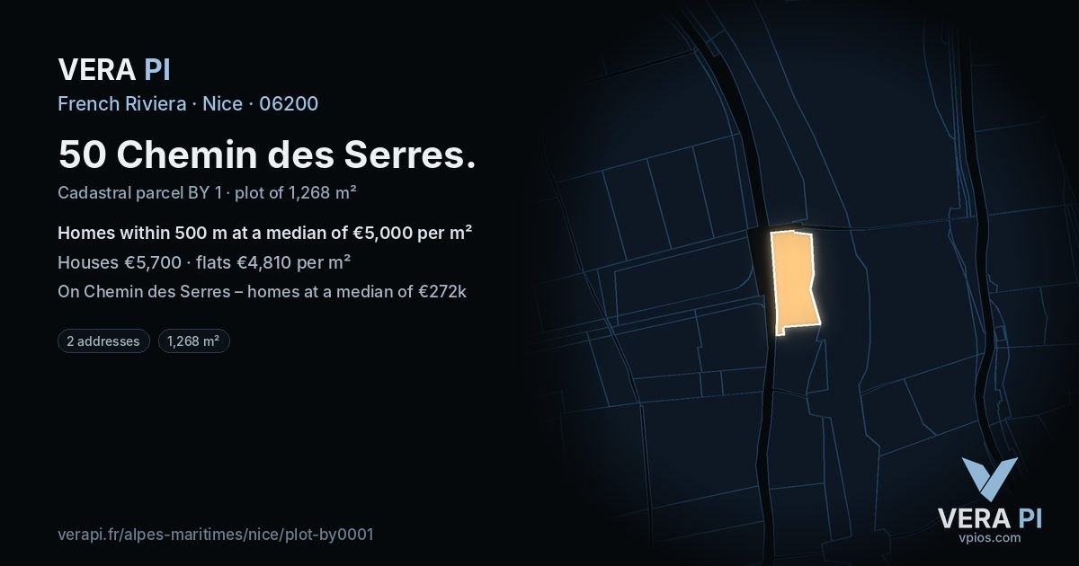 50 Chemin des Serres, Nice at night – the plot lit, the parcels around coloured by the prices near them