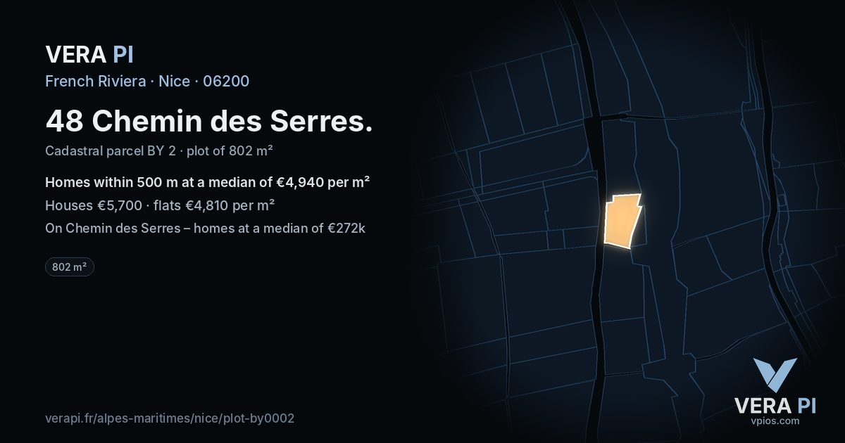 48 Chemin des Serres, Nice at night – the plot lit, the parcels around coloured by the prices near them