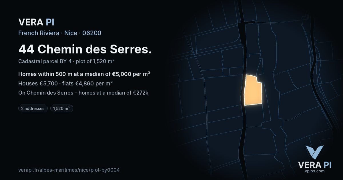 44 Chemin des Serres, Nice at night – the plot lit, the parcels around coloured by the prices near them
