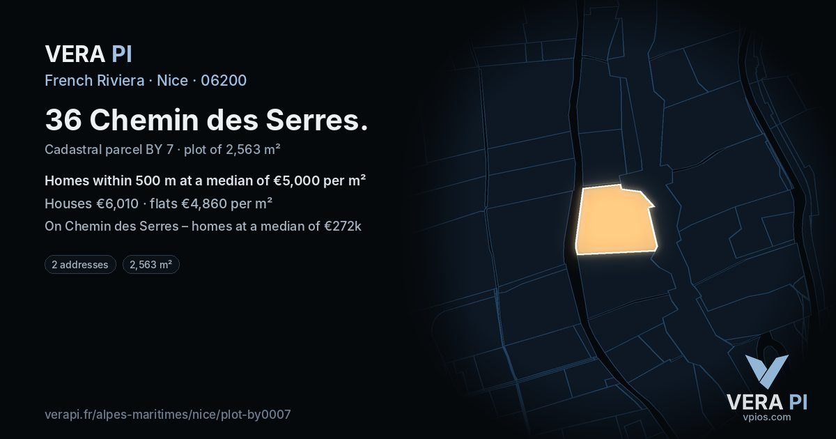 36 Chemin des Serres, Nice at night – the plot lit, the parcels around coloured by the prices near them