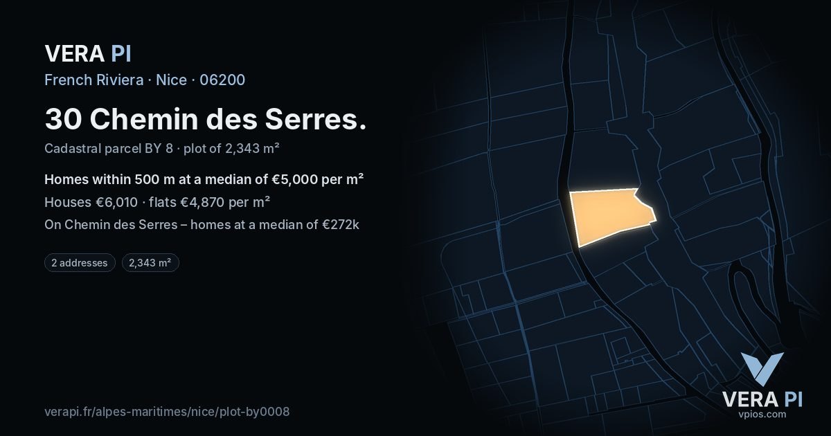 30 Chemin des Serres, Nice at night – the plot lit, the parcels around coloured by the prices near them