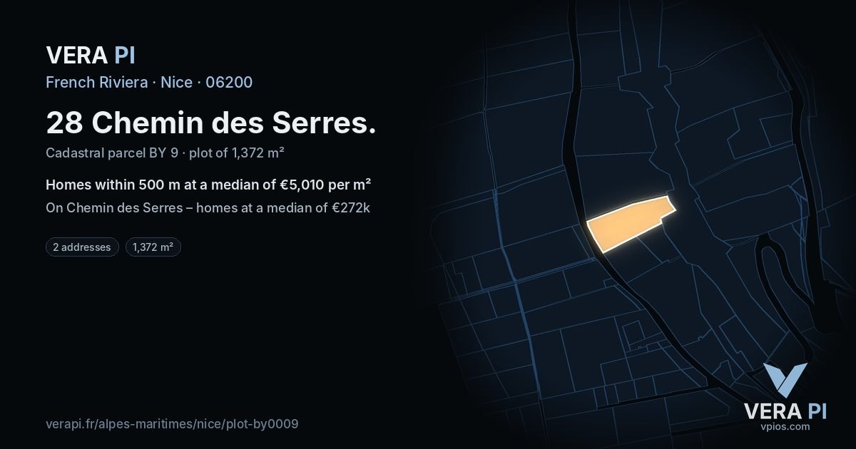 28 Chemin des Serres, Nice at night – the plot lit, the parcels around coloured by the prices near them