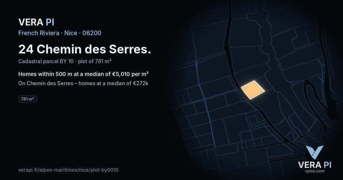 24 Chemin des Serres, Nice at night – the plot lit, the parcels around coloured by the prices near them