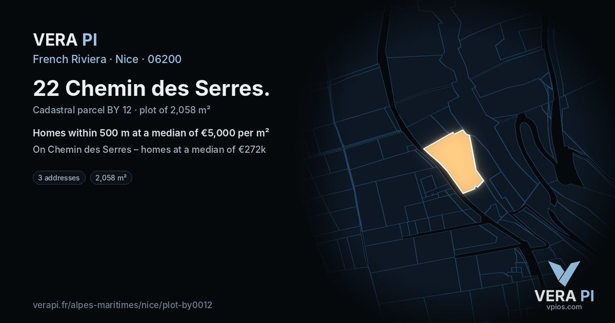 22 Chemin des Serres, Nice at night – the plot lit, the parcels around coloured by the prices near them