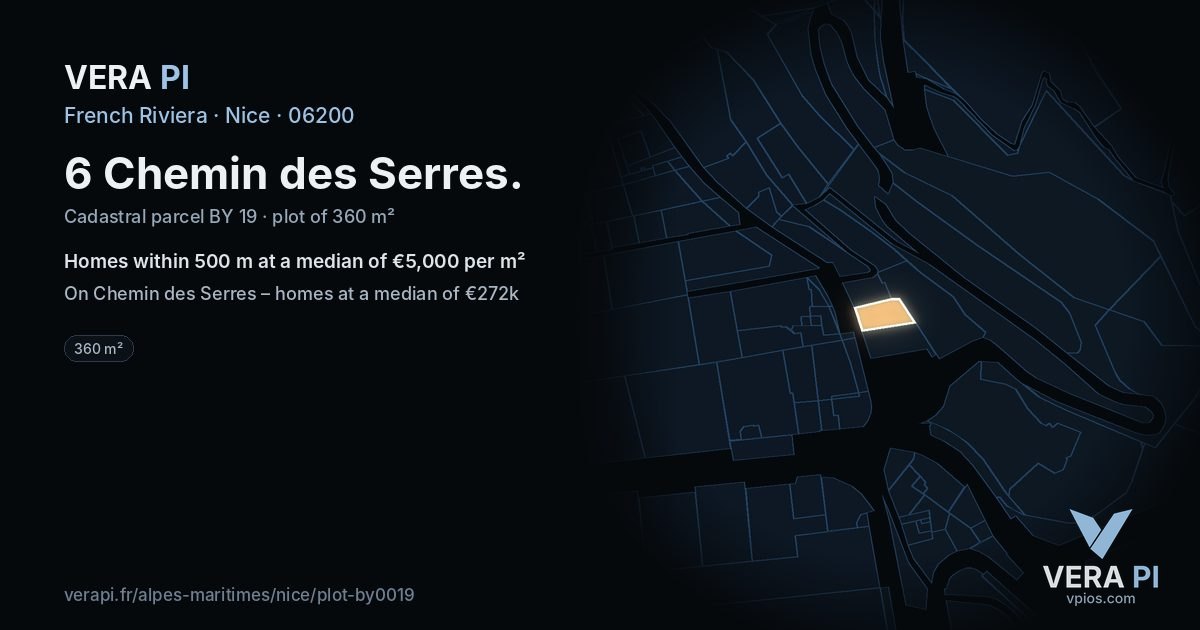 6 Chemin des Serres, Nice at night – the plot lit, the parcels around coloured by the prices near them