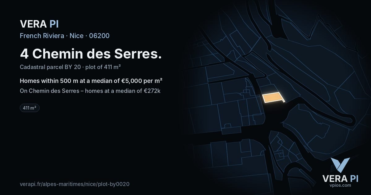 4 Chemin des Serres, Nice at night – the plot lit, the parcels around coloured by the prices near them
