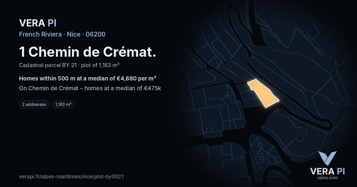 1 Chemin de Crémat, Nice at night – the plot lit, the parcels around coloured by the prices near them