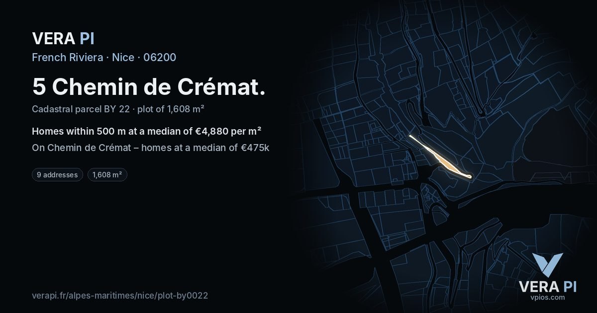 5 Chemin de Crémat, Nice at night – the plot lit, the parcels around coloured by the prices near them
