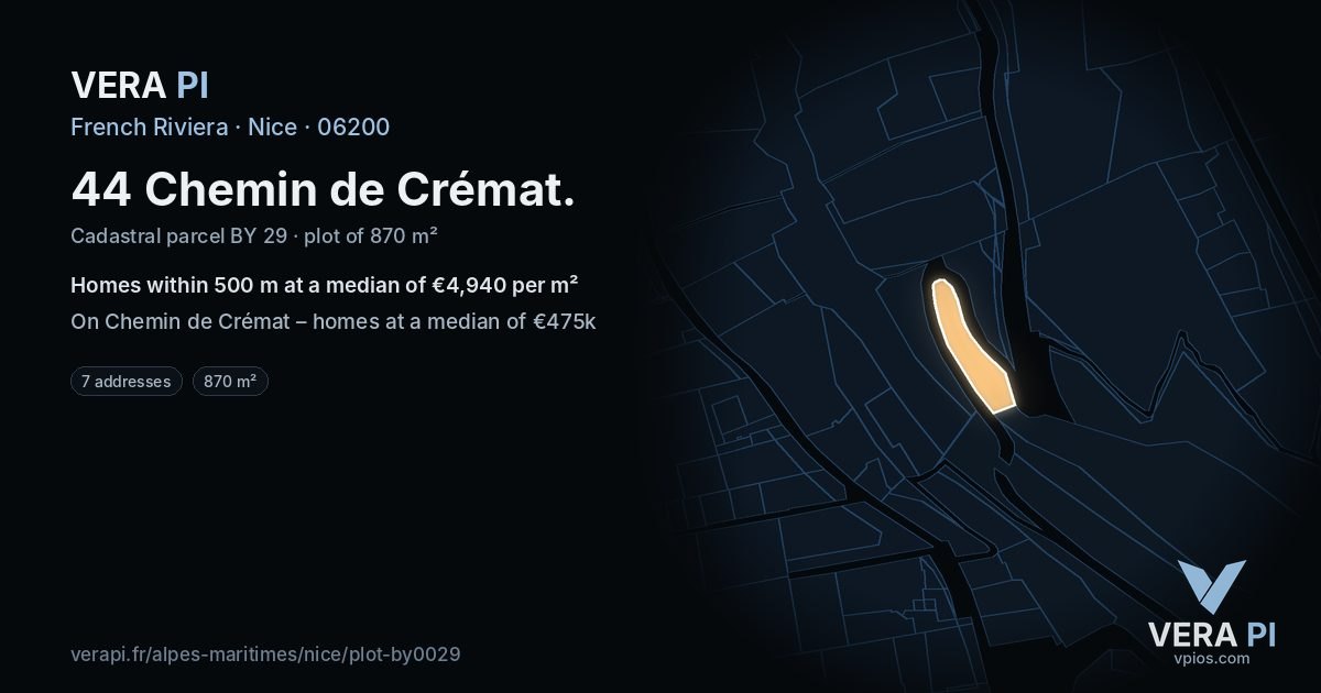 44 Chemin de Crémat, Nice at night – the plot lit, the parcels around coloured by the prices near them