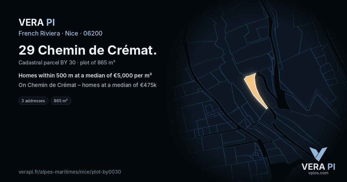 29 Chemin de Crémat, Nice at night – the plot lit, the parcels around coloured by the prices near them