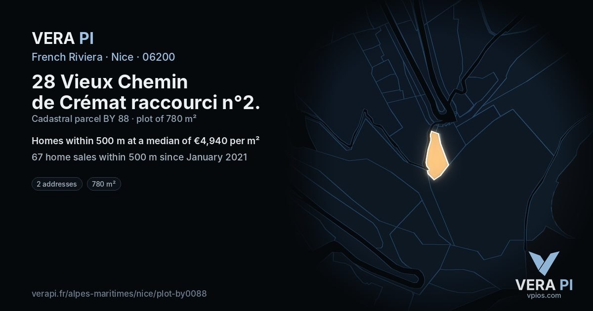 28 Vieux Chemin de Crémat raccourci n°2, Nice at night – the plot lit, the parcels around coloured by the prices near them