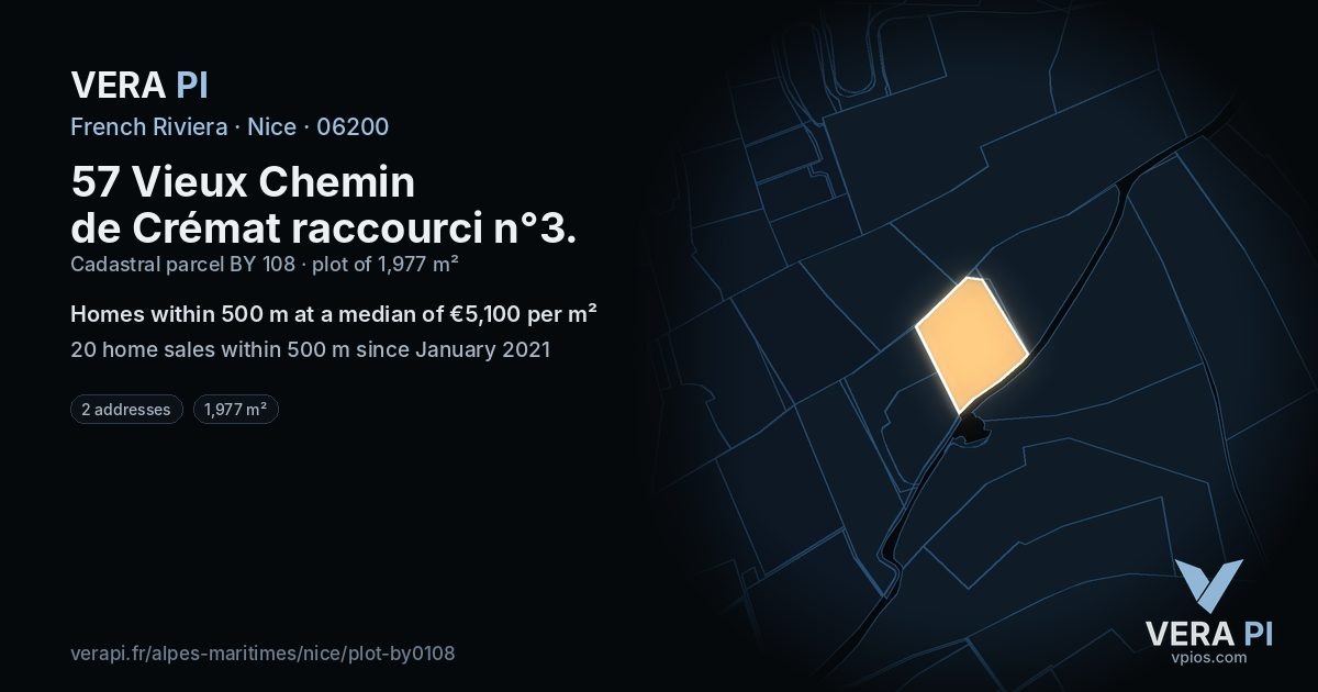 57 Vieux Chemin de Crémat raccourci n°3, Nice at night – the plot lit, the parcels around coloured by the prices near them