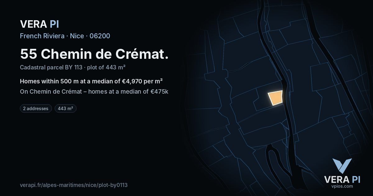 55 Chemin de Crémat, Nice at night – the plot lit, the parcels around coloured by the prices near them