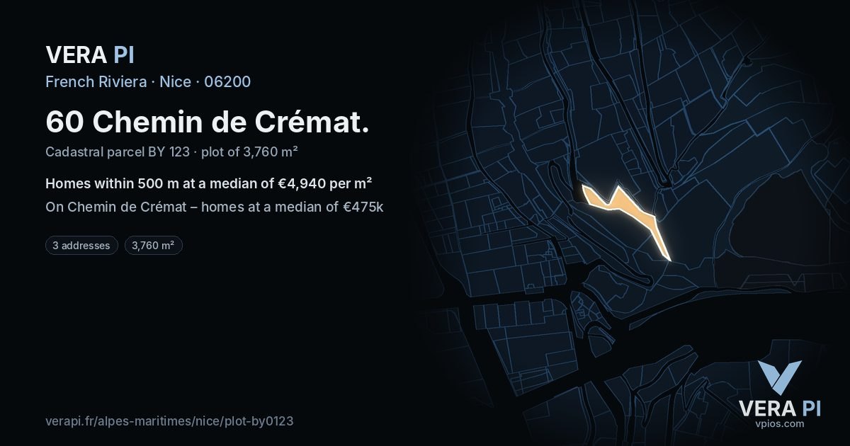60 Chemin de Crémat, Nice at night – the plot lit, the parcels around coloured by the prices near them