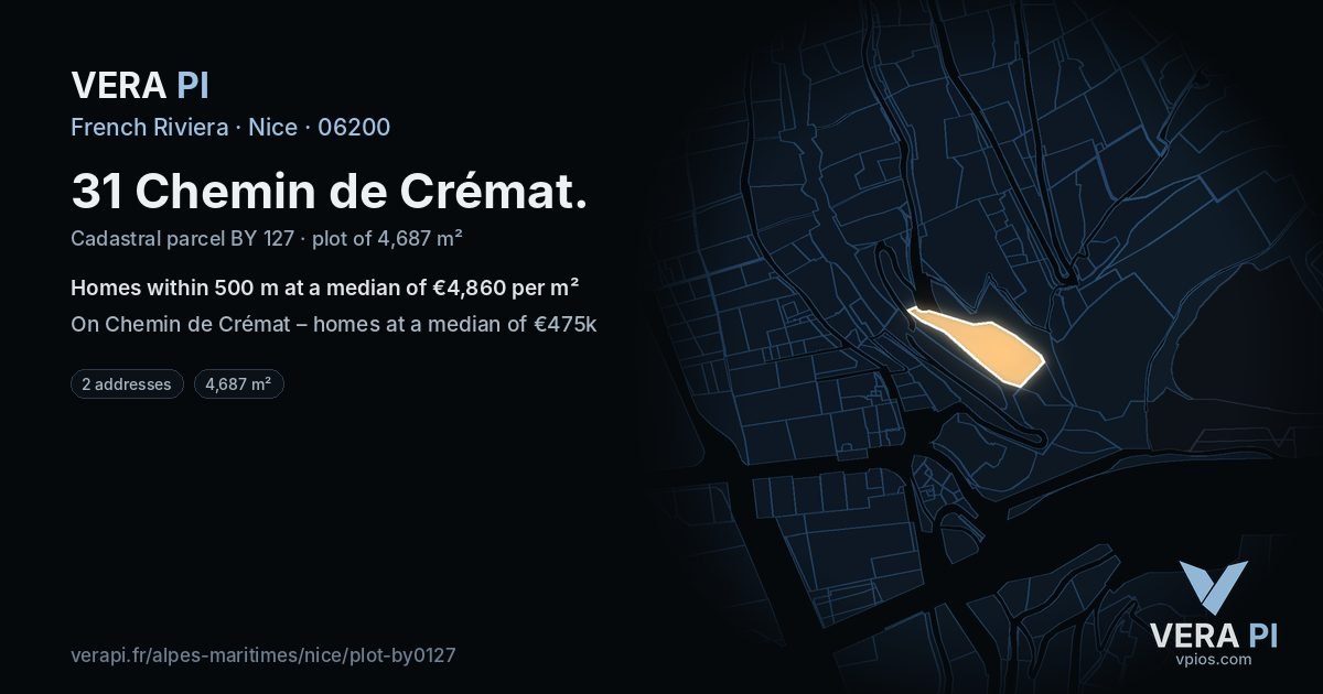 31 Chemin de Crémat, Nice at night – the plot lit, the parcels around coloured by the prices near them