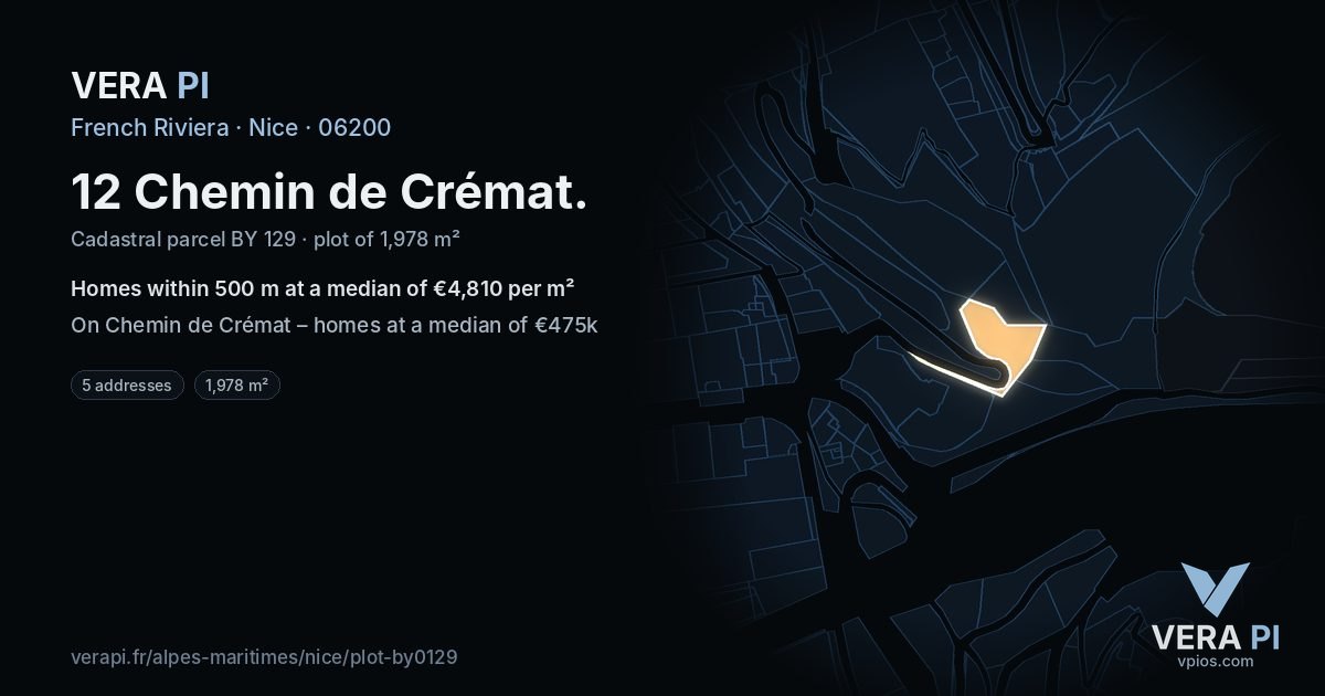 12 Chemin de Crémat, Nice at night – the plot lit, the parcels around coloured by the prices near them