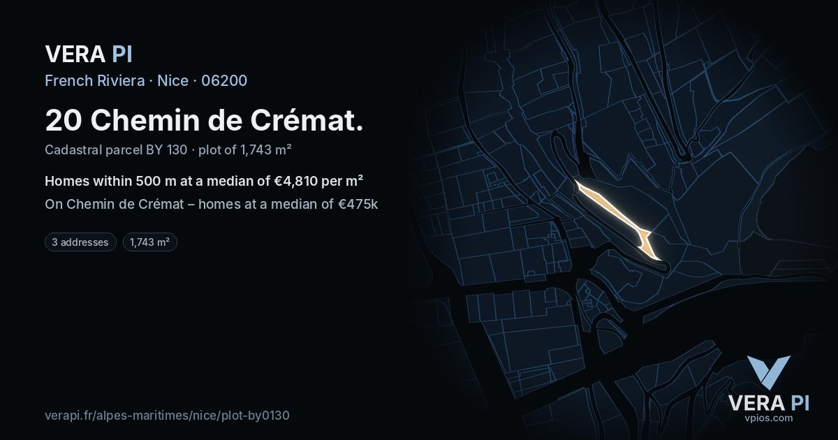 20 Chemin de Crémat, Nice at night – the plot lit, the parcels around coloured by the prices near them