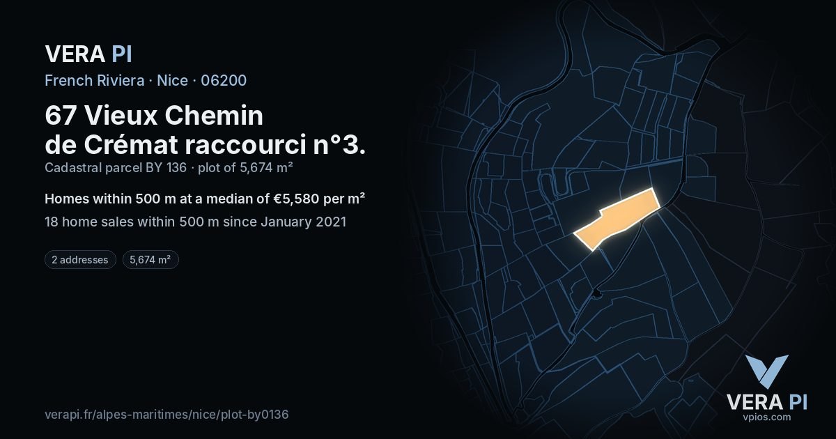 67 Vieux Chemin de Crémat raccourci n°3, Nice at night – the plot lit, the parcels around coloured by the prices near them