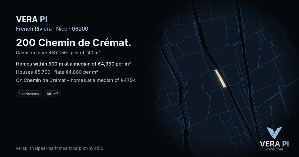 200 Chemin de Crémat, Nice at night – the plot lit, the parcels around coloured by the prices near them