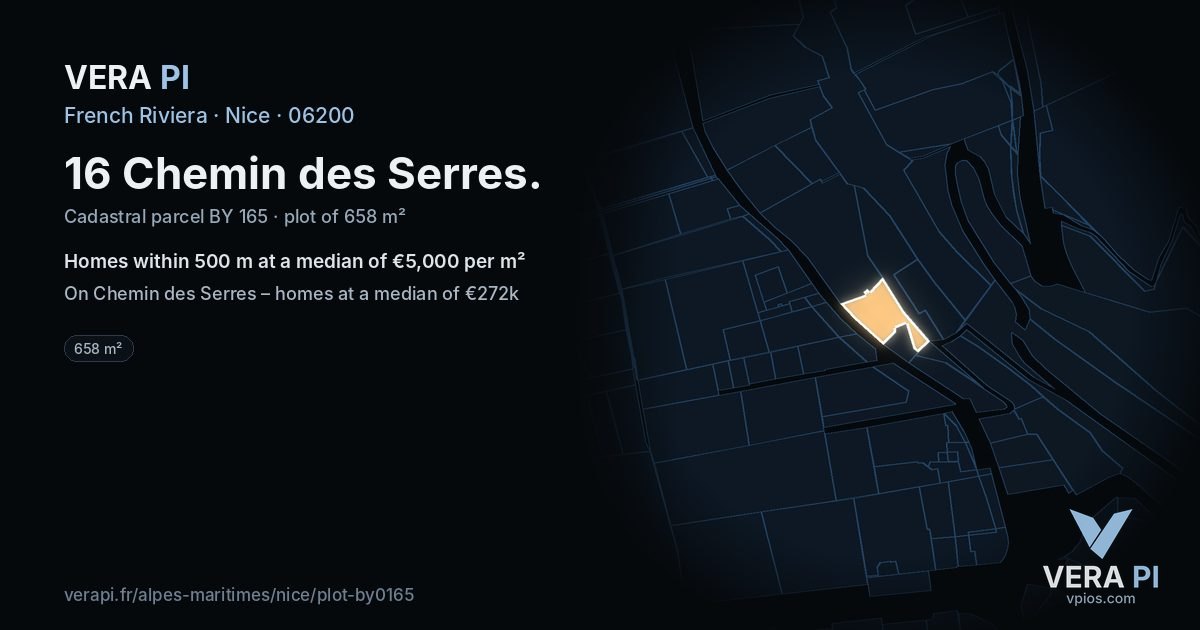 16 Chemin des Serres, Nice at night – the plot lit, the parcels around coloured by the prices near them