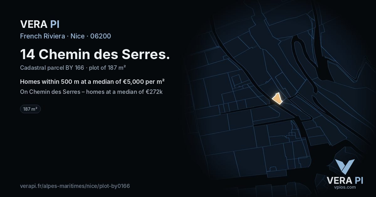 14 Chemin des Serres, Nice at night – the plot lit, the parcels around coloured by the prices near them