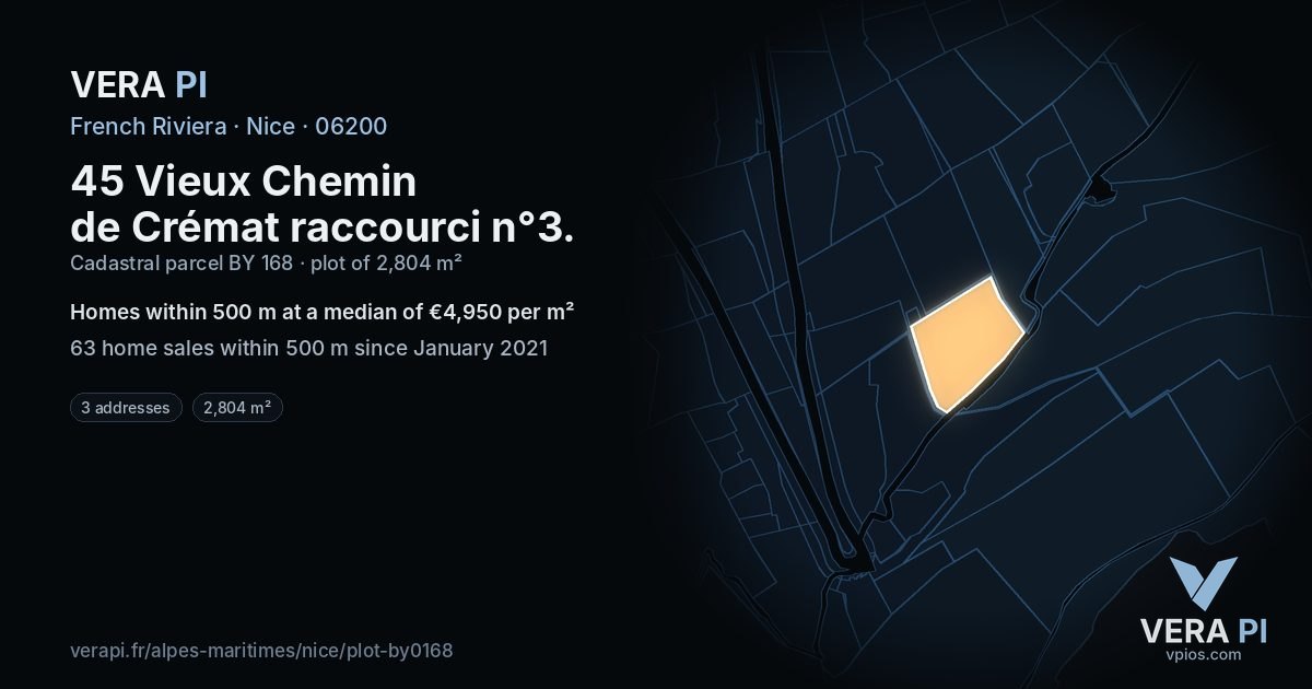 45 Vieux Chemin de Crémat raccourci n°3, Nice at night – the plot lit, the parcels around coloured by the prices near them