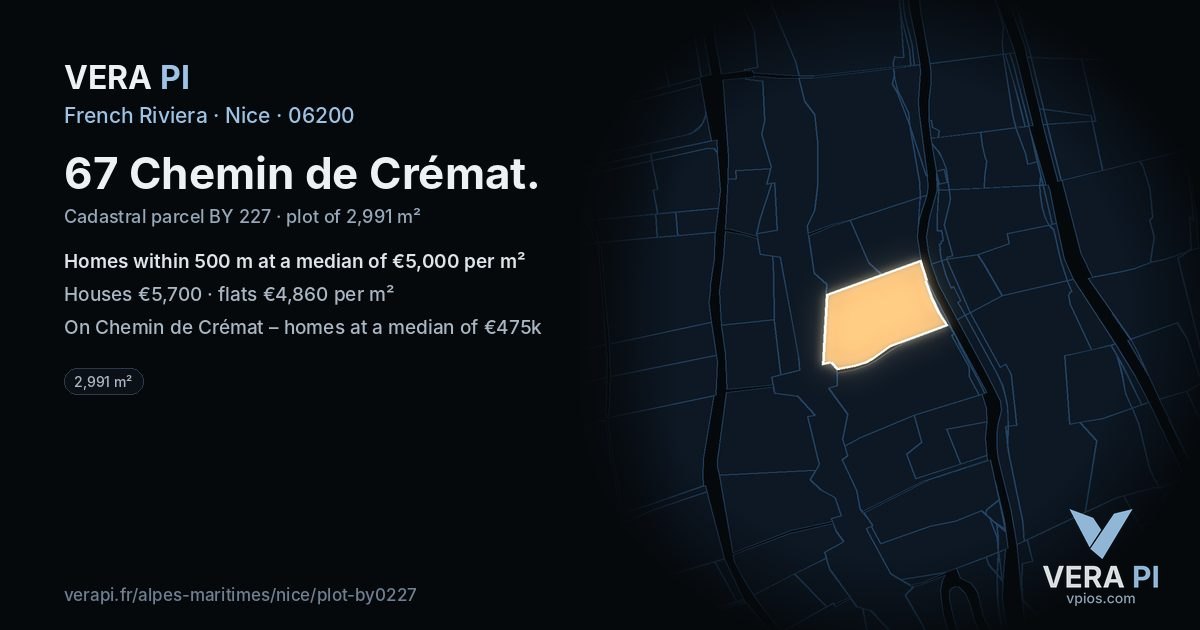 67 Chemin de Crémat, Nice at night – the plot lit, the parcels around coloured by the prices near them