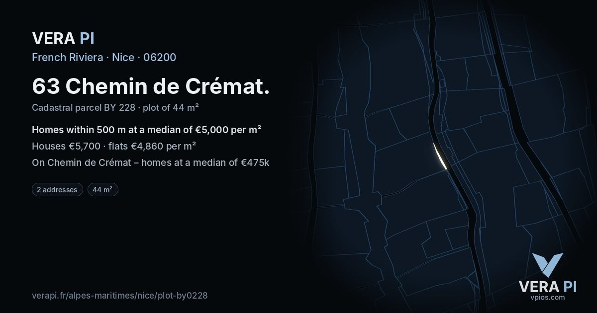 63 Chemin de Crémat, Nice at night – the plot lit, the parcels around coloured by the prices near them