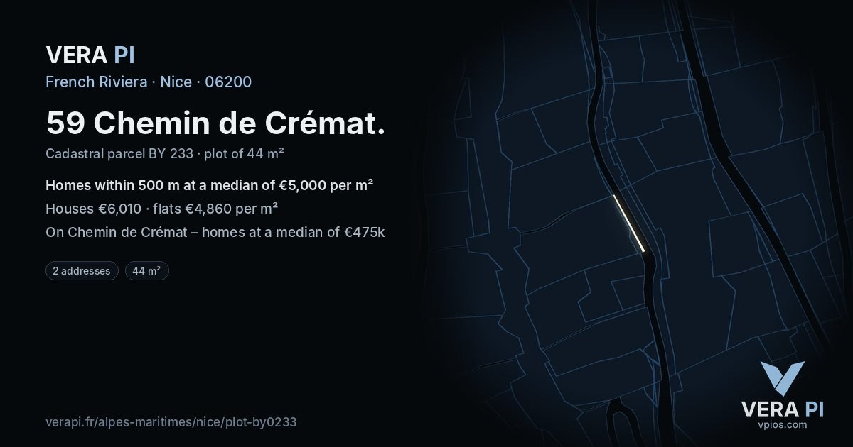 59 Chemin de Crémat, Nice at night – the plot lit, the parcels around coloured by the prices near them