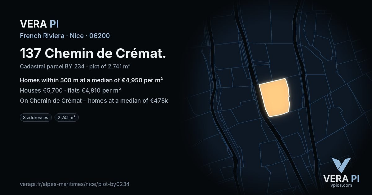 137 Chemin de Crémat, Nice at night – the plot lit, the parcels around coloured by the prices near them