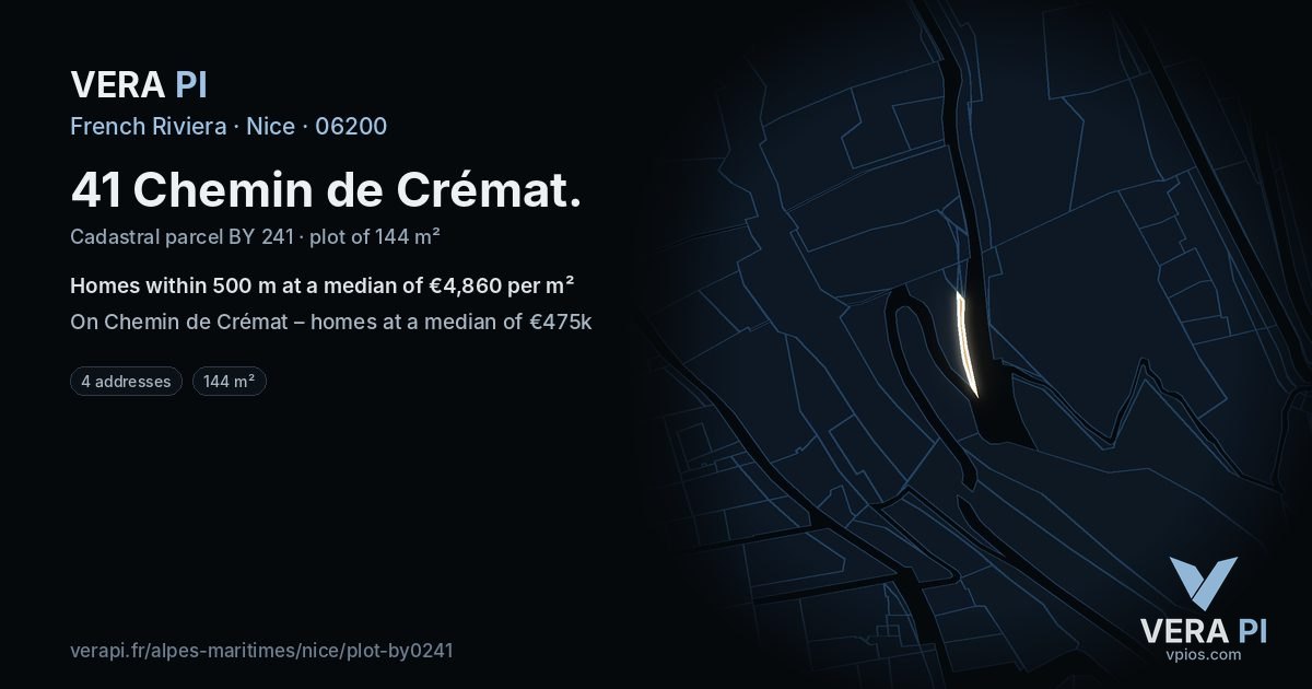 41 Chemin de Crémat, Nice at night – the plot lit, the parcels around coloured by the prices near them