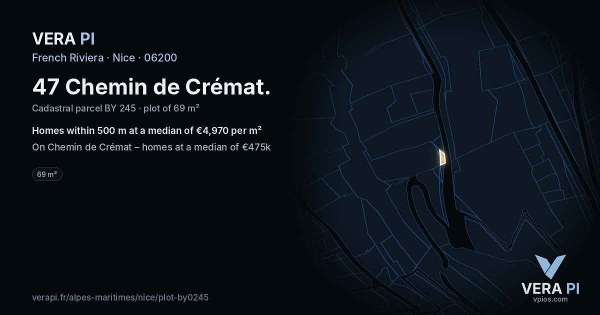 47 Chemin de Crémat, Nice at night – the plot lit, the parcels around coloured by the prices near them