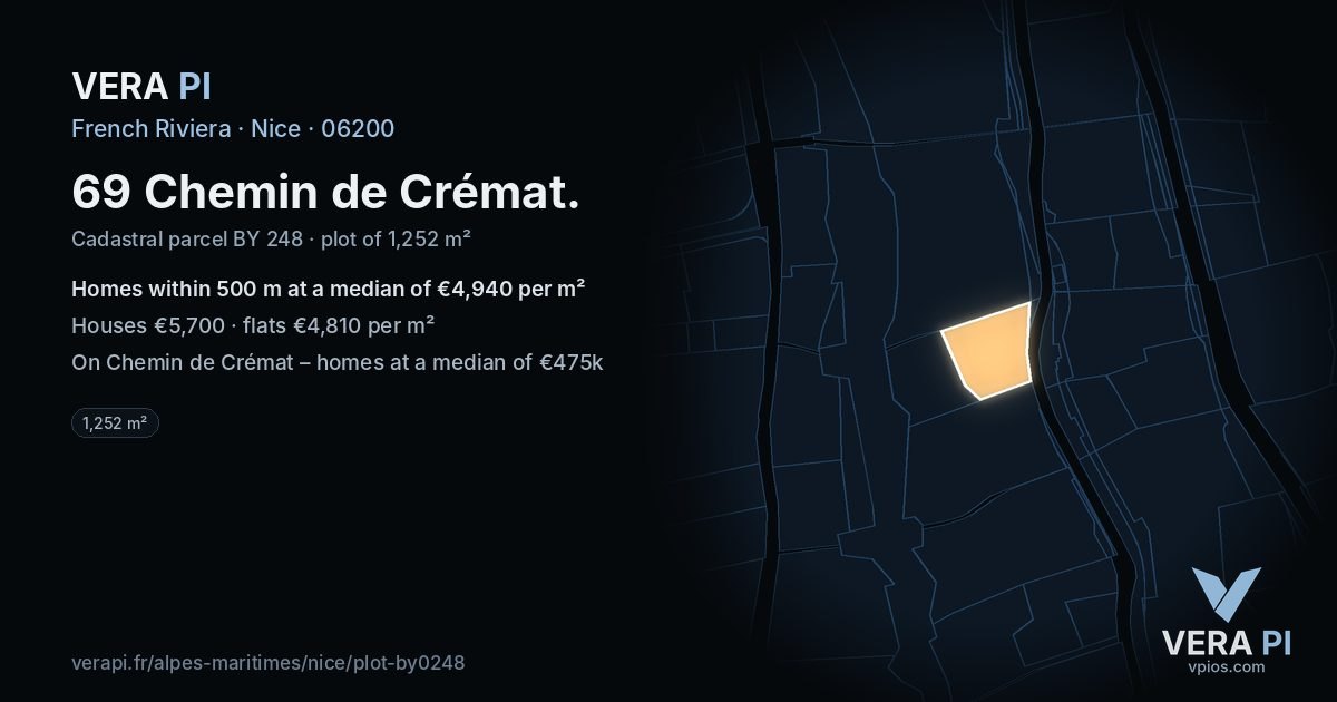 69 Chemin de Crémat, Nice at night – the plot lit, the parcels around coloured by the prices near them
