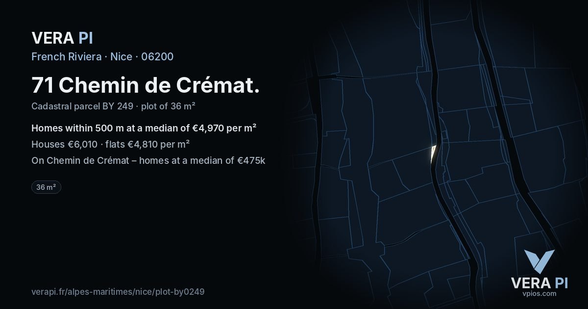 71 Chemin de Crémat, Nice at night – the plot lit, the parcels around coloured by the prices near them