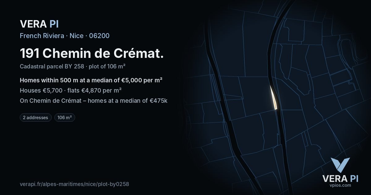191 Chemin de Crémat, Nice at night – the plot lit, the parcels around coloured by the prices near them