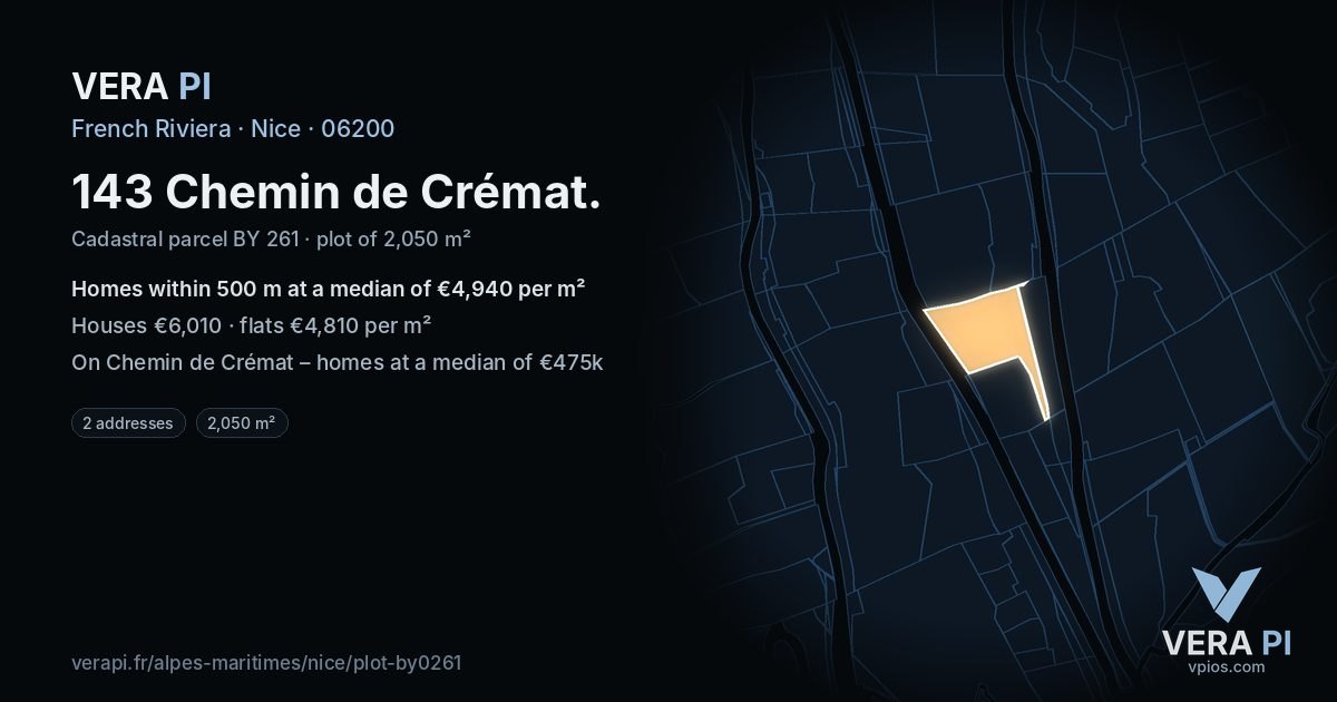 143 Chemin de Crémat, Nice at night – the plot lit, the parcels around coloured by the prices near them