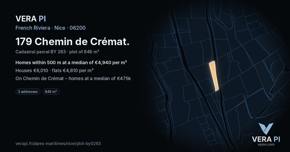179 Chemin de Crémat, Nice at night – the plot lit, the parcels around coloured by the prices near them