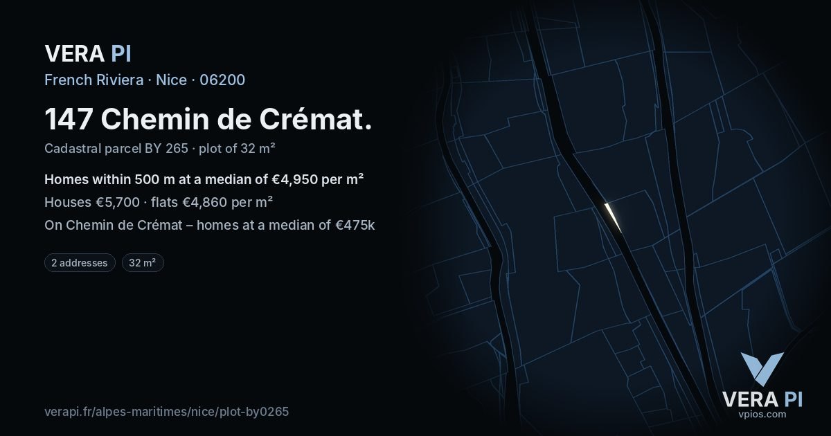 147 Chemin de Crémat, Nice at night – the plot lit, the parcels around coloured by the prices near them