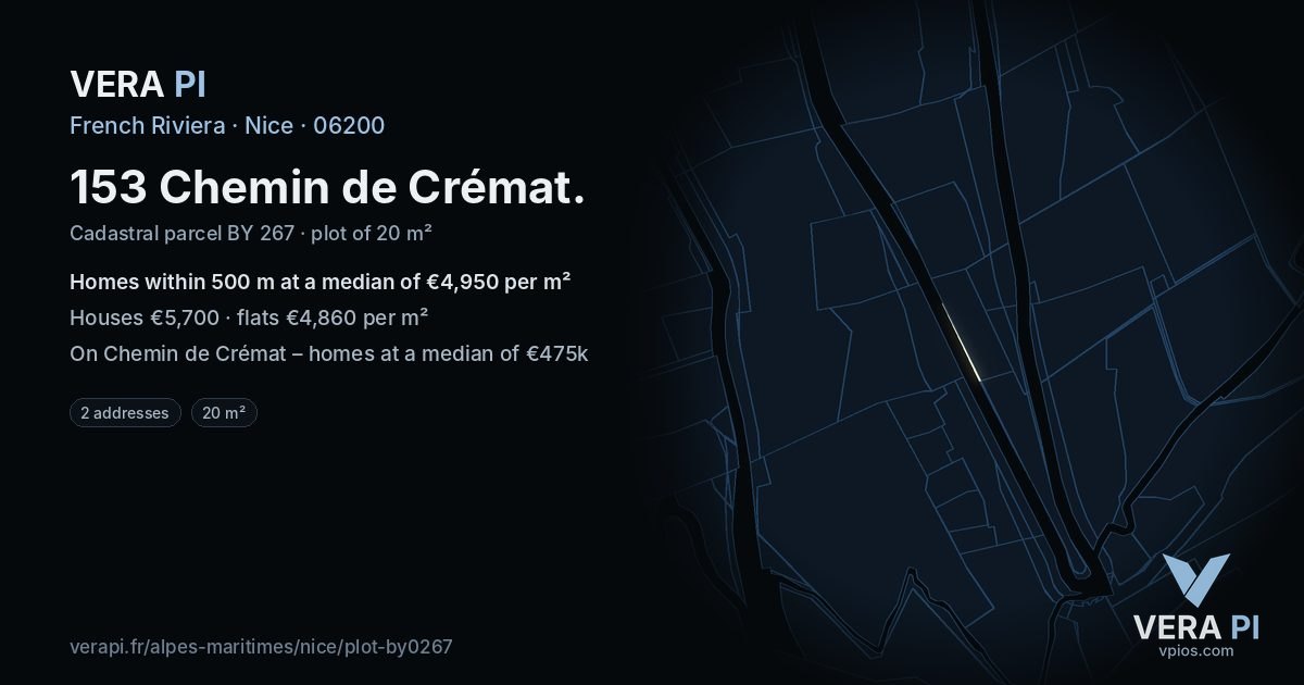 153 Chemin de Crémat, Nice at night – the plot lit, the parcels around coloured by the prices near them